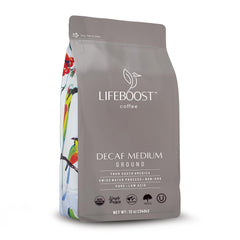 Lifeboost front package showing organic label and benefit of clean decaf