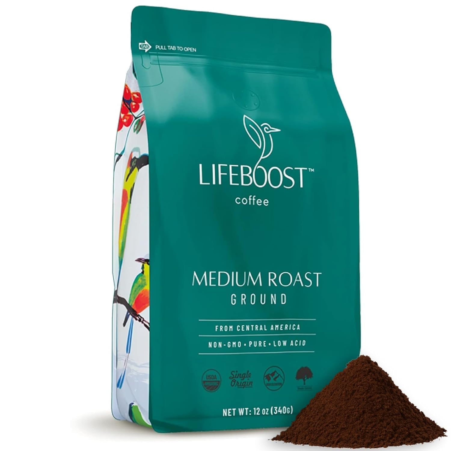 LIFEBOOST front packaging 12 oz bag showing organic label and benefits