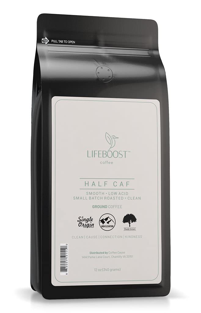 Lifeboost front packaging showing half caff low-acid benefits