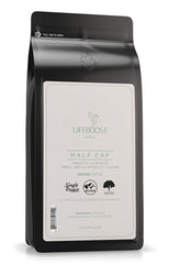 Lifeboost front packaging showing half caff low-acid benefits