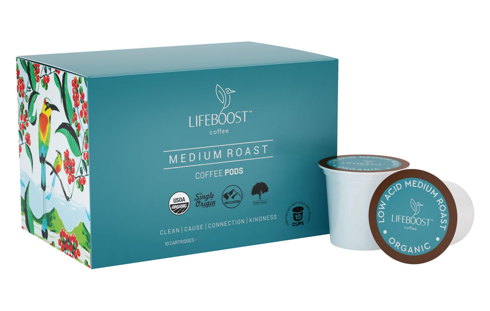 LIFEBOOST front packaging of 10-count K-Cups showing organic label and benefits