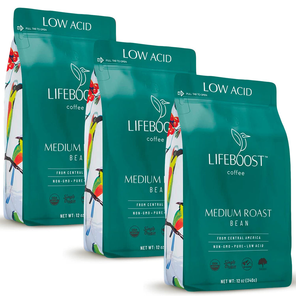 Lifeboost front packaging showing organic label and medium roast benefits