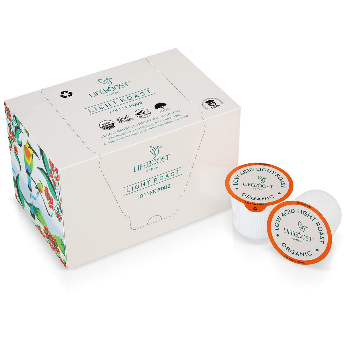 Lifeboost front packaging showing organic single-origin branding and benefits
