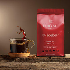 Lifeboost close-up of ground coffee texture with rich dark-roast aroma