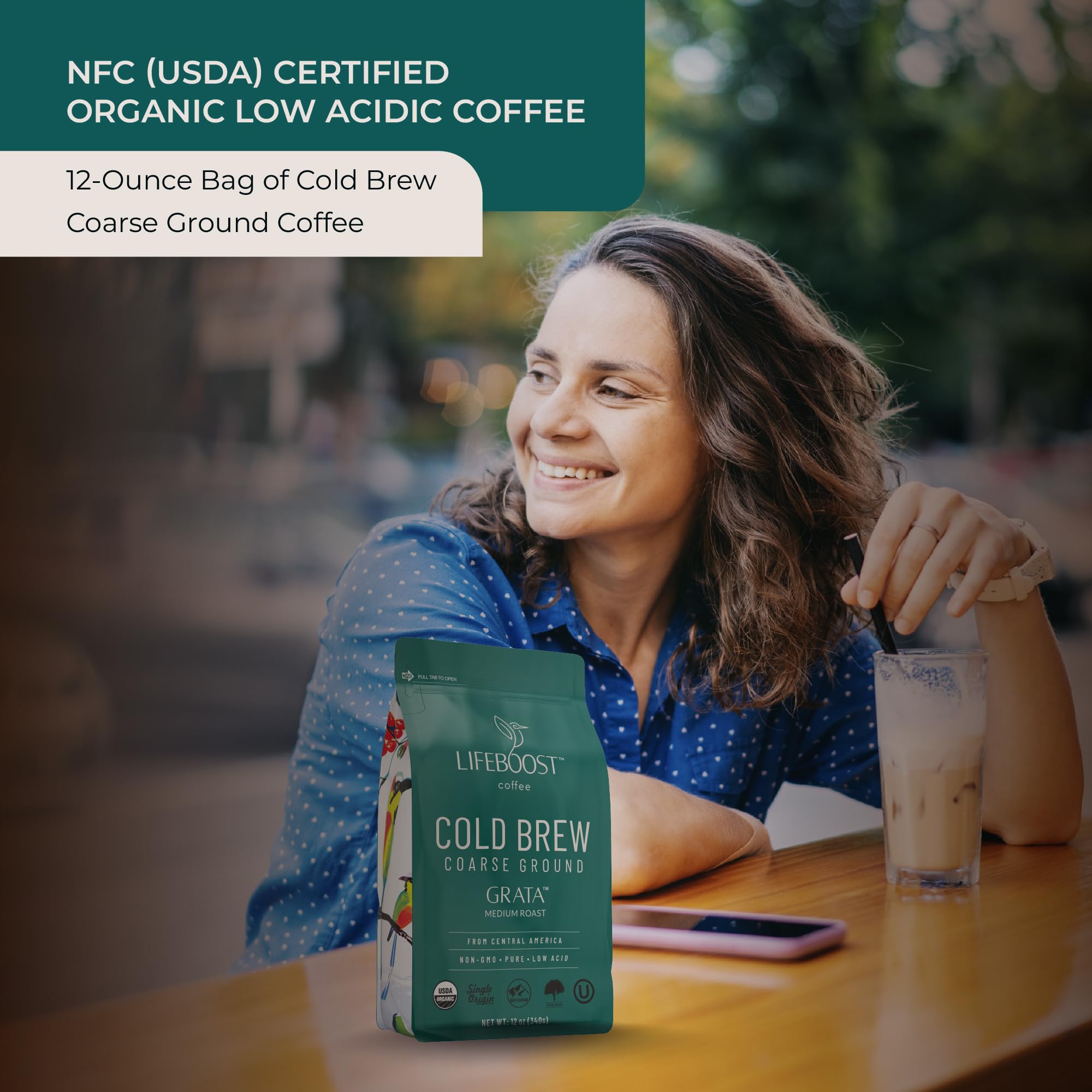 Lifeboost grounds in French press ready to steep demonstrating easy home brewing