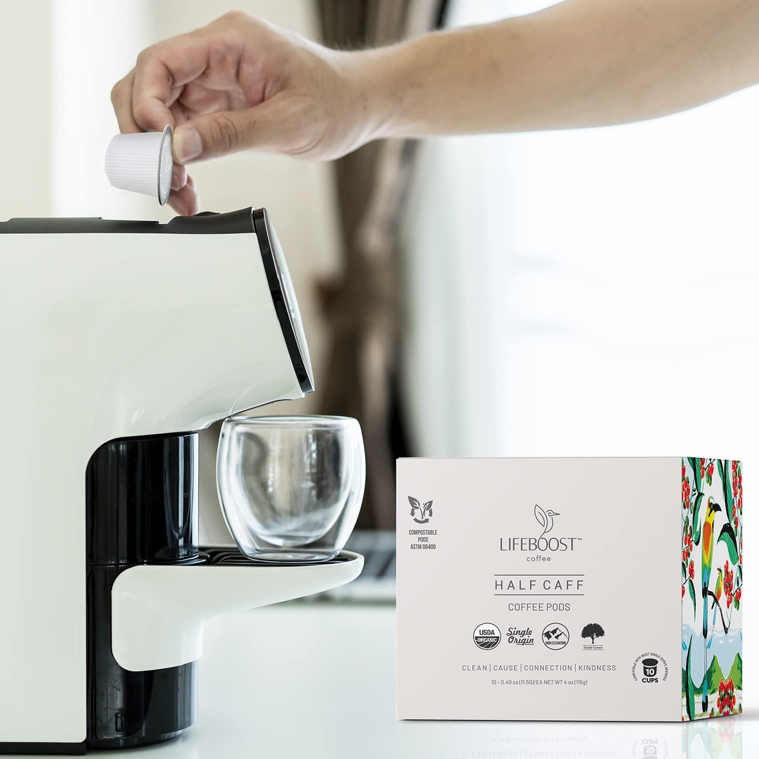 Brewed cup of Lifeboost Half Caff in a mug showing smooth low-acid flavor