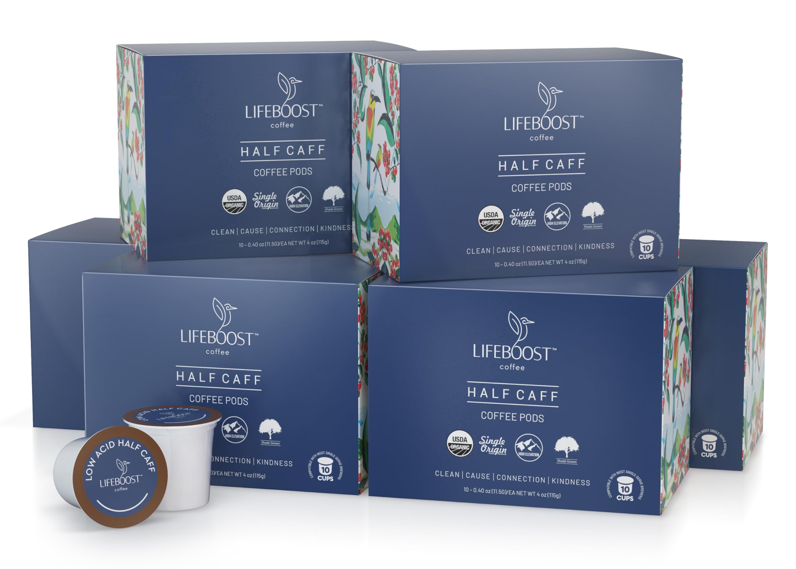 Cup with milk beside Lifeboost pod showing serving suggestion and creamy balance
