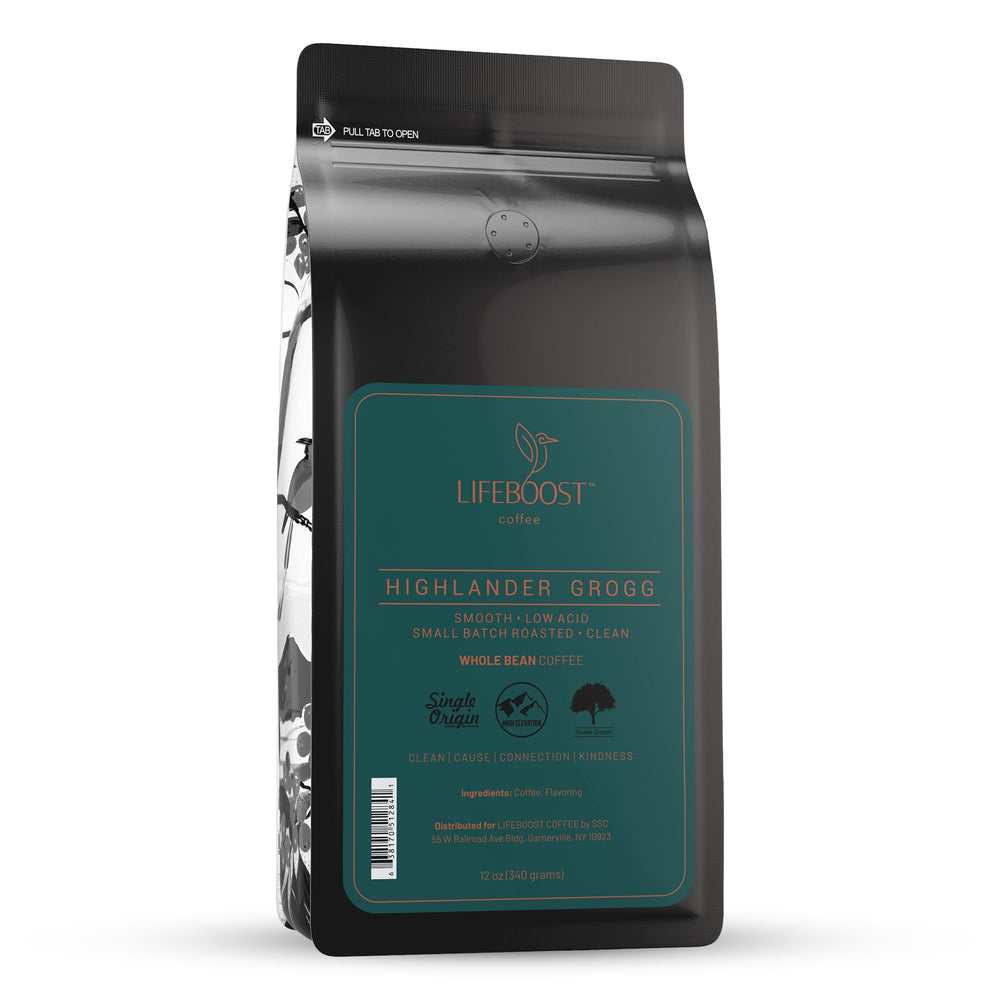 Lifeboost Highlander Grogg front packaging showing 12 oz bag and branding, appeals to buyers