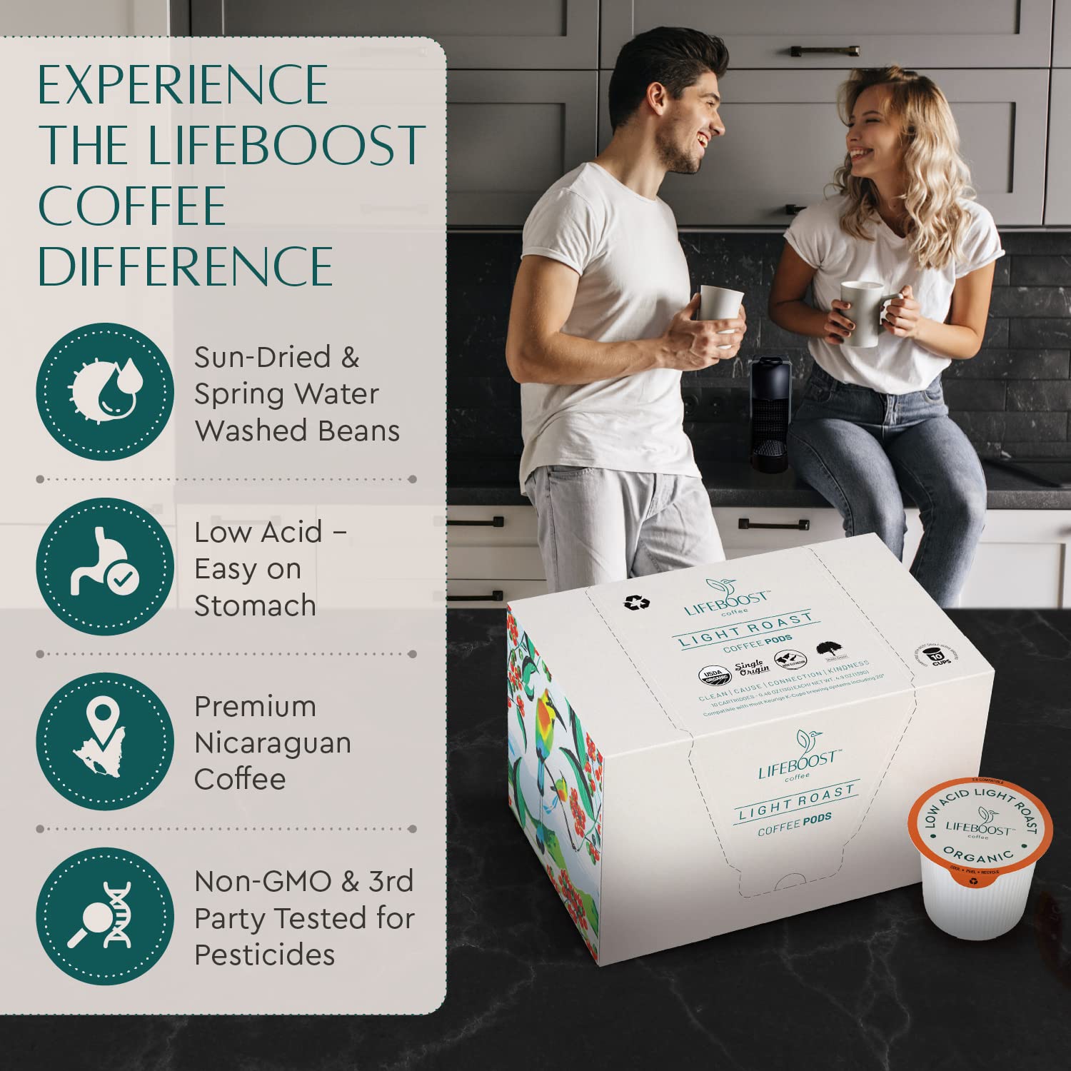 Lifeboost K-Cup top seal emphasizing freshness and easy brewing