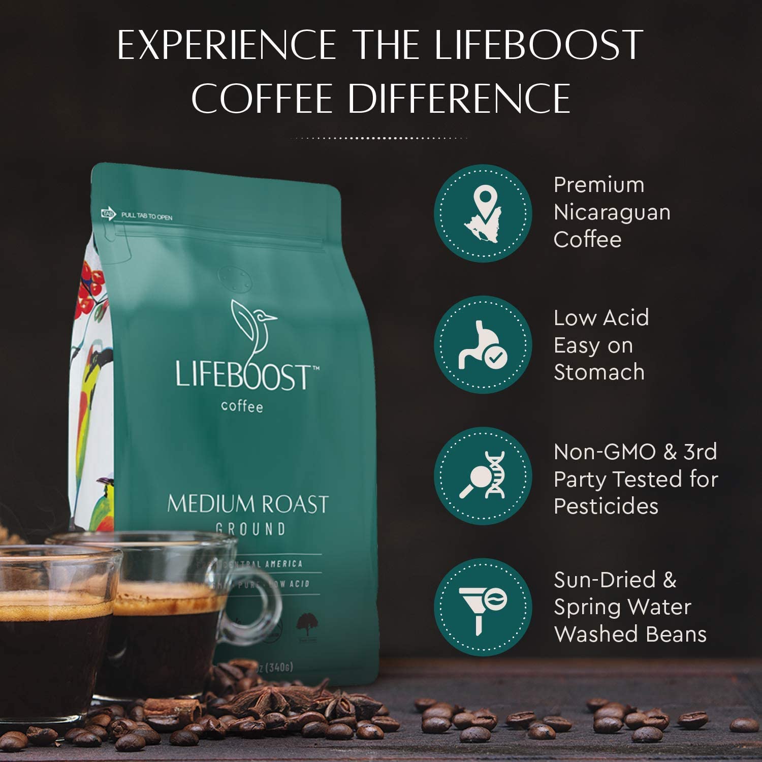 LIFEBOOST on breakfast table lifestyle shot illustrating flavorful daily coffee ritual