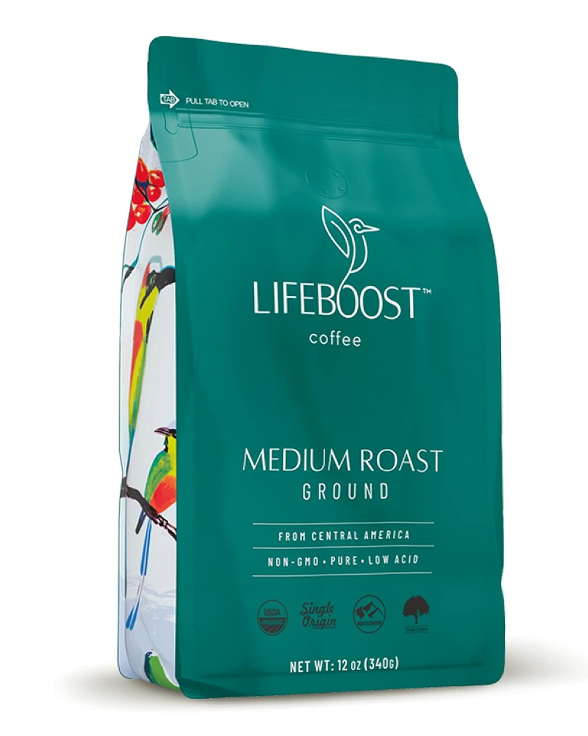 LIFEBOOST brewed cup on wooden table conveying rich, low-acid enjoyment