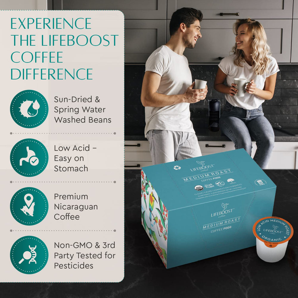 LIFEBOOST single K-Cup close-up showing pod texture and easy brewing benefit