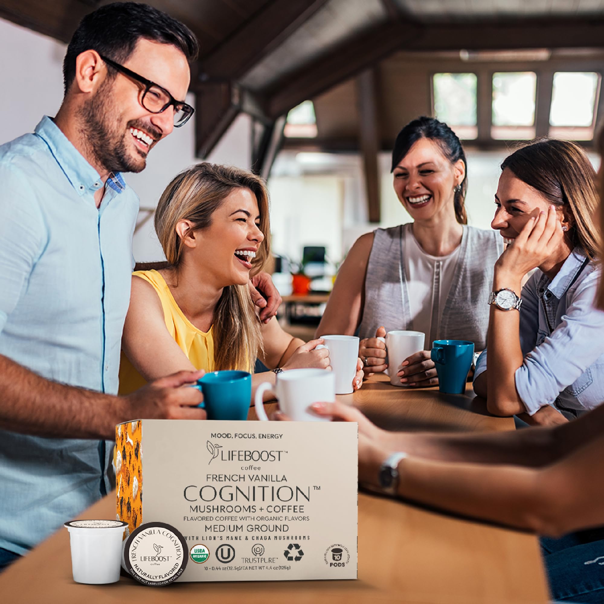 Pouring pod contents to display Lifeboost coffee grounds and mushroom blend