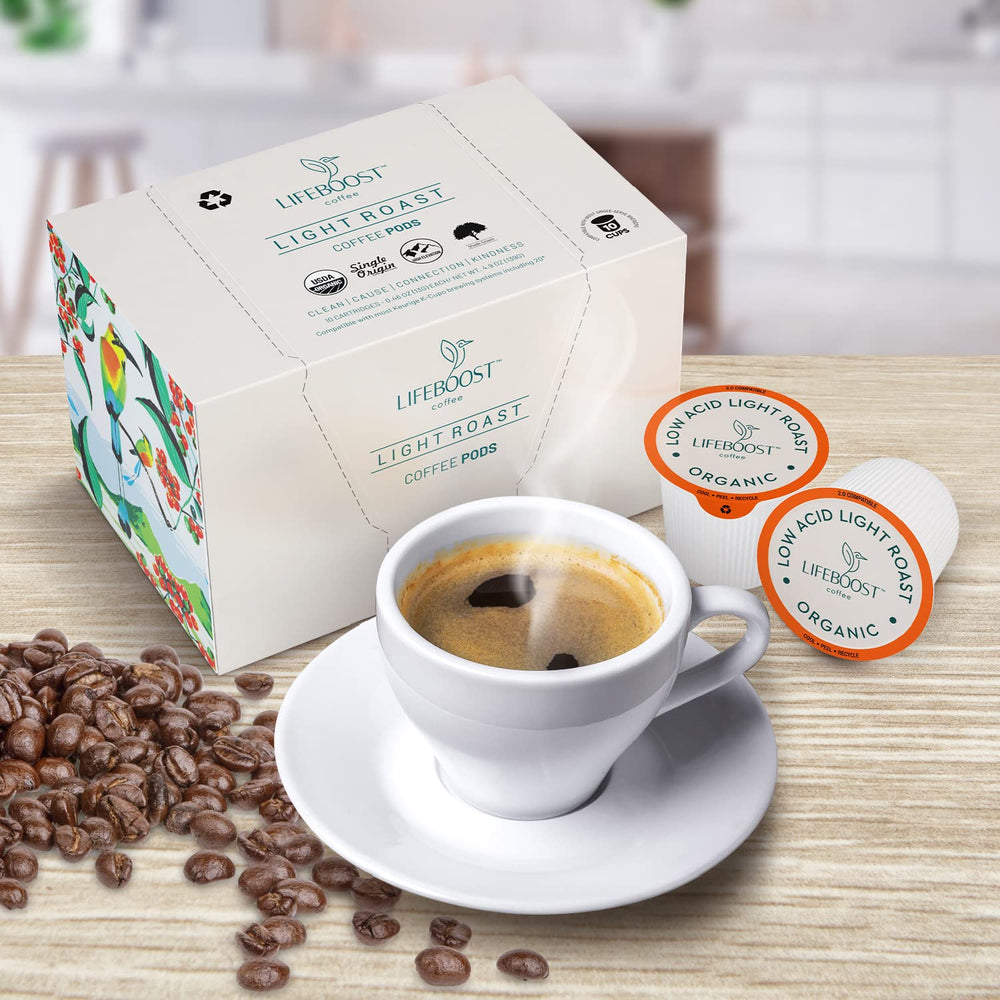 Cup of brewed Lifeboost coffee in lifestyle scene highlighting bright flavor