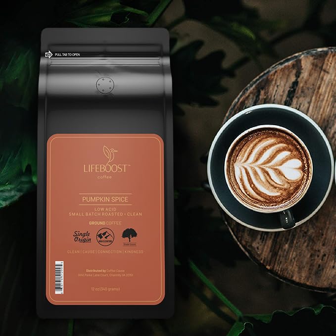 Brewed cup of Lifeboost Pumpkin Spice coffee in cozy setting showing comfort benefit