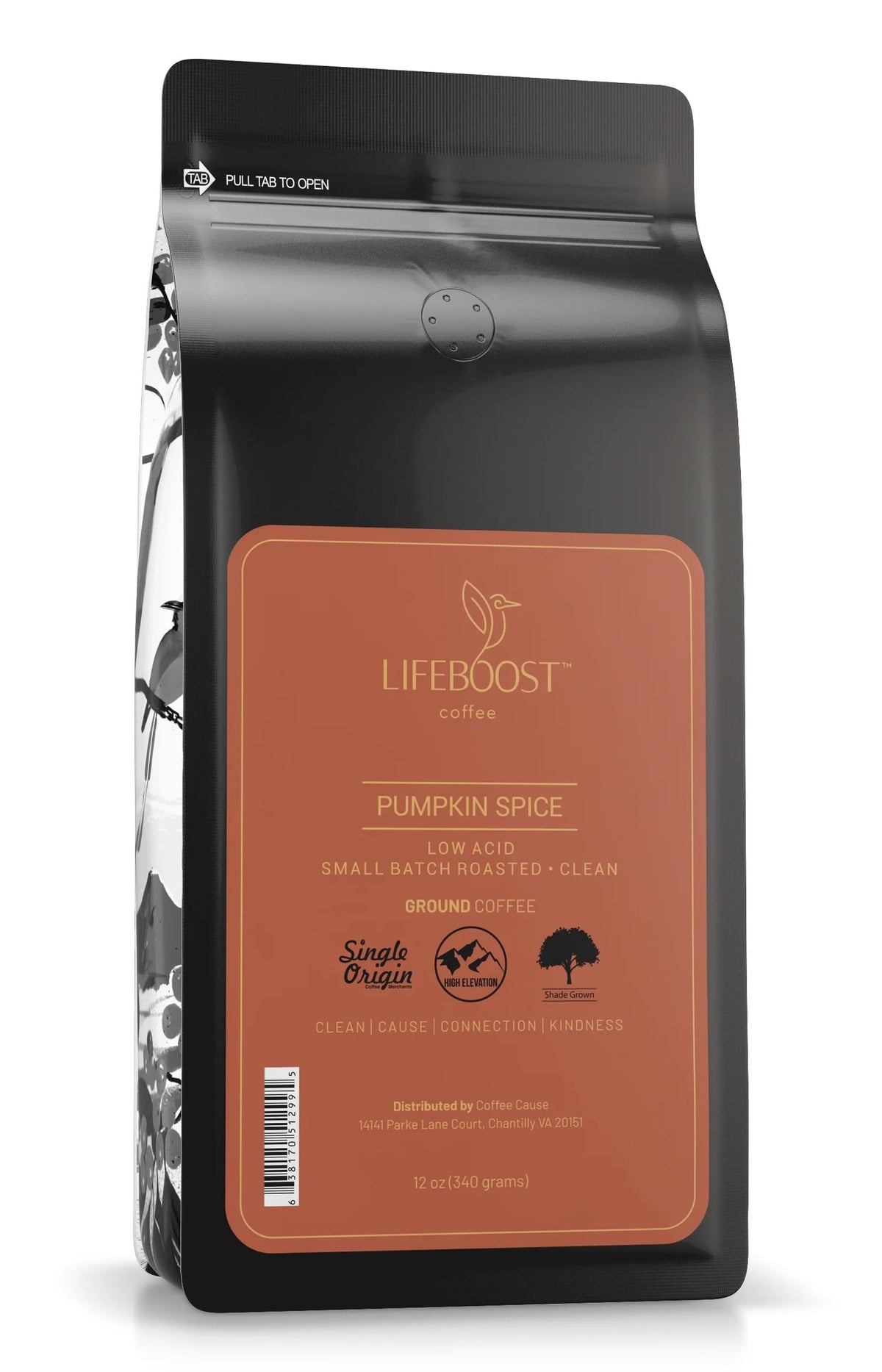 Lifeboost front packaging showing pumpkin spice coffee and organic badge, highlights seasonal flavor