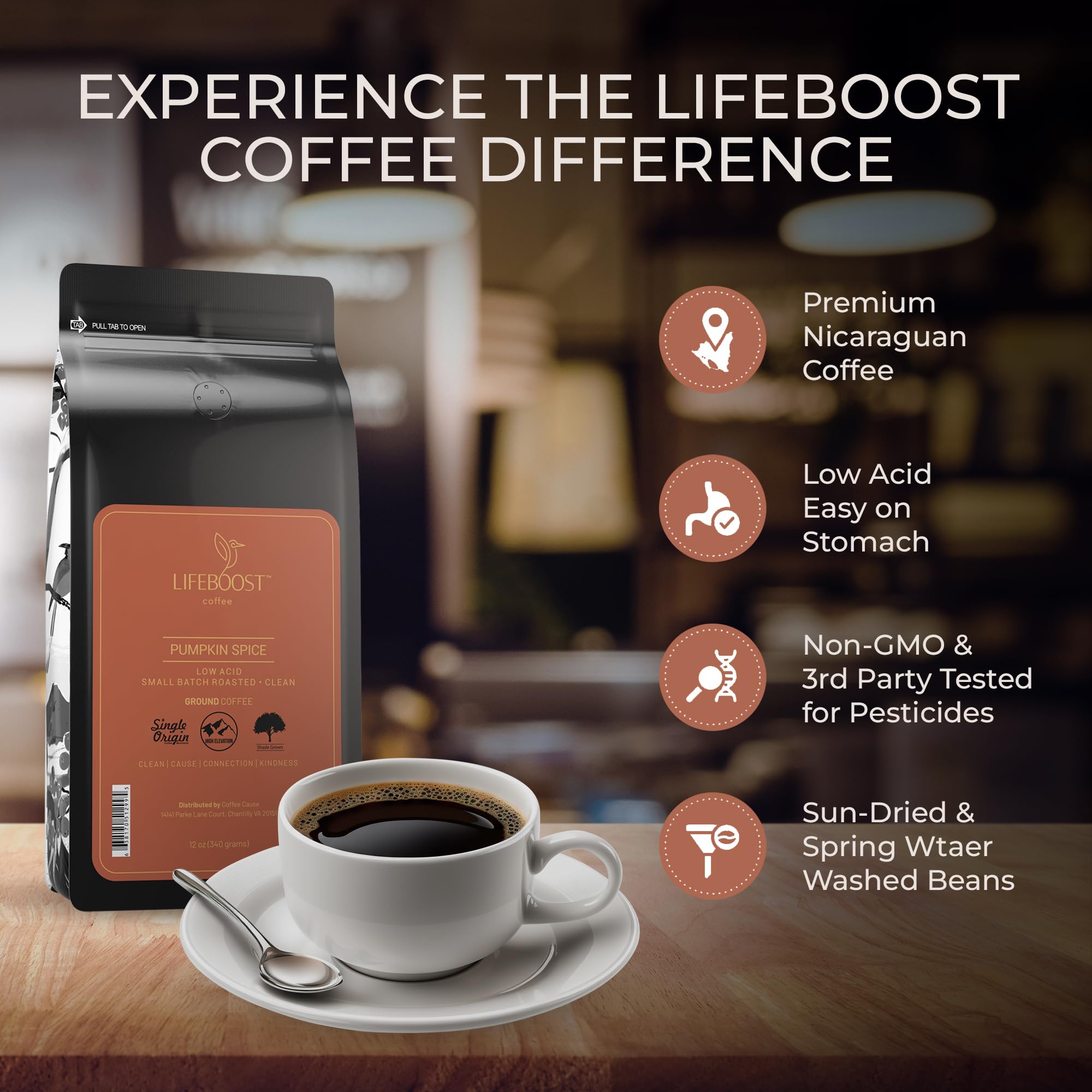 Lifeboost mug on a fall porch setting with cozy props, suggests comforting seasonal morning ritual