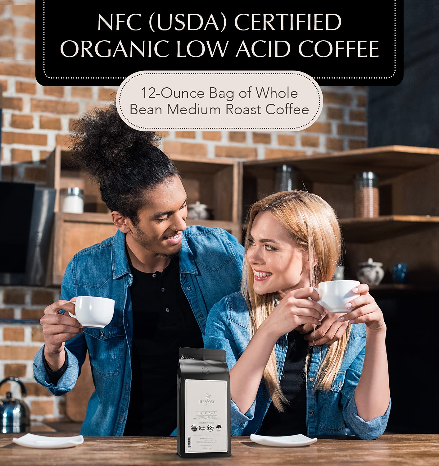 Lifeboost 12 oz bag beside a coffee cup showing portion and scale