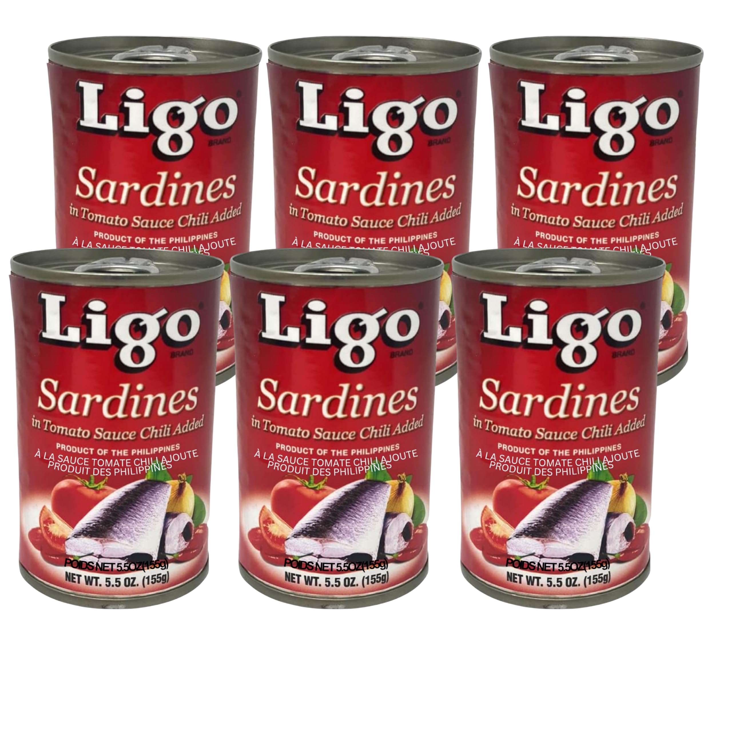 LIGO front packaging showing spicy sardines and tomato sauce, clear product view and benefit