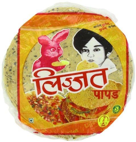 Lijjat front packaging showing flavored pappadums and serving suggestion