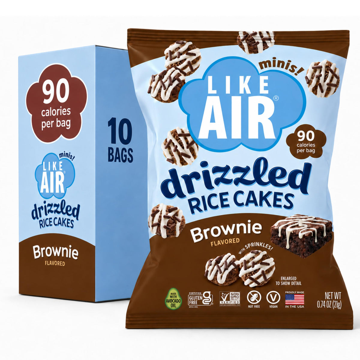 Like Air brownie snack box front showing packaging and portion benefits