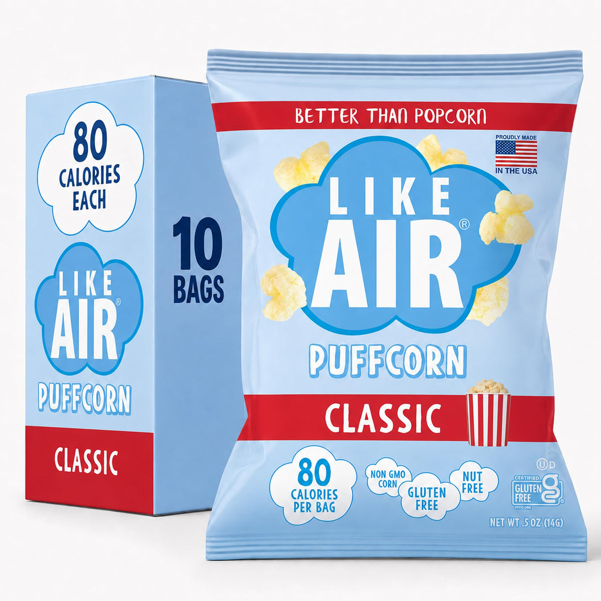 Like Air front packaging showing 10-count snack pack and branding benefits