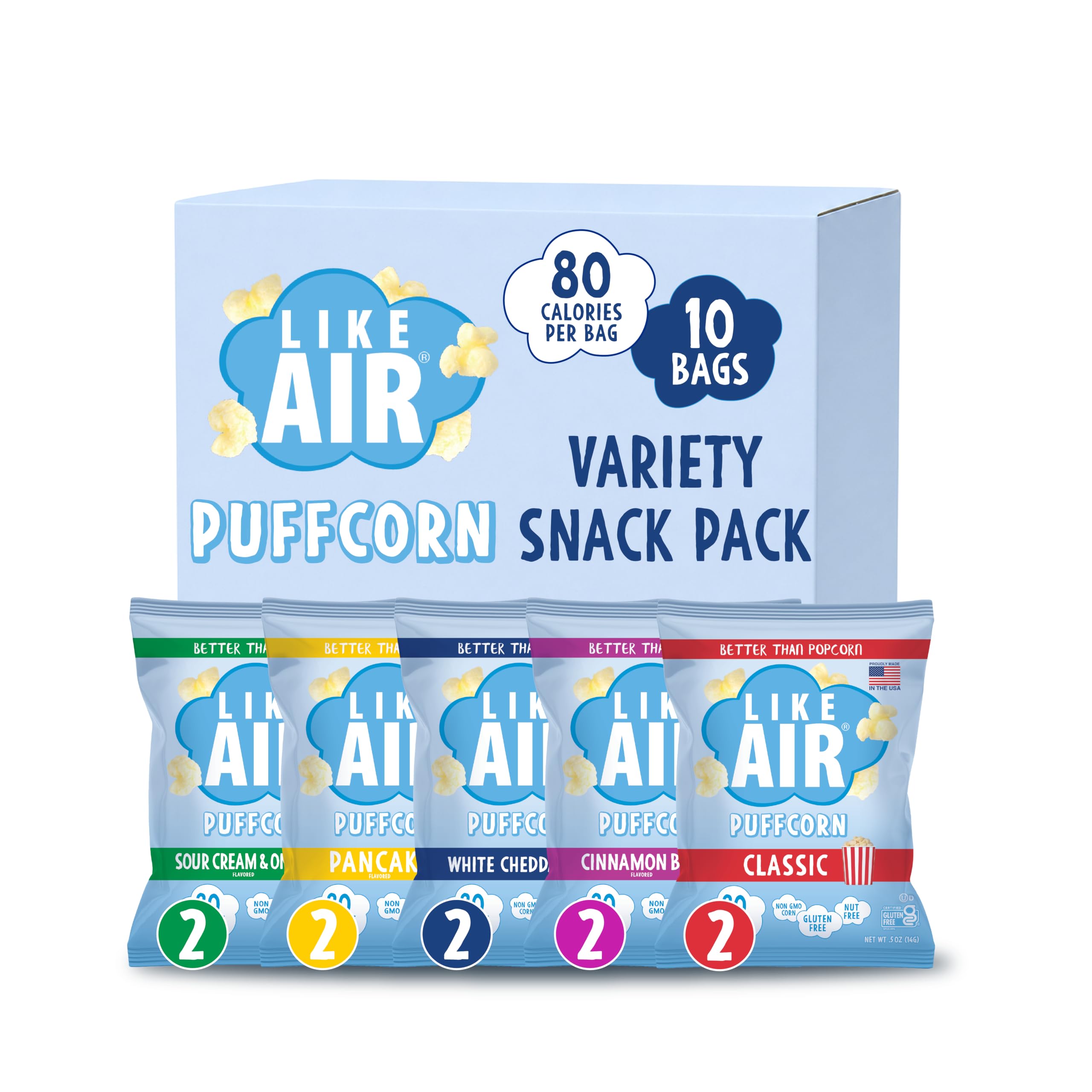 Like Air front packaging showing 10-count variety pack and flavor labels for easy choice
