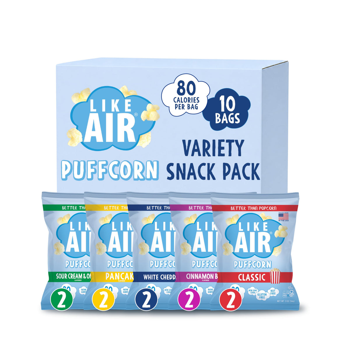 Like Air front packaging showing 10-count variety pack and flavor labels for easy choice