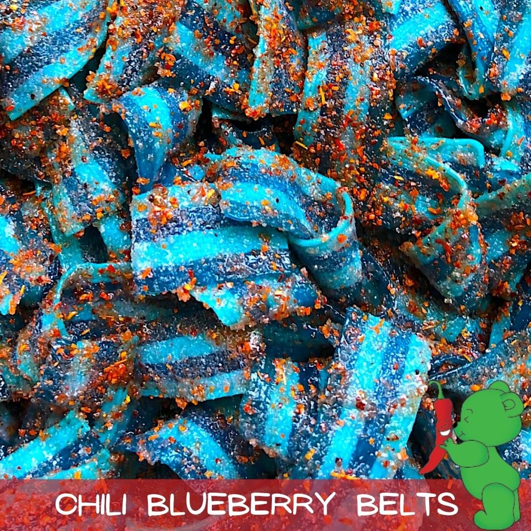 Lilys Chilies blueberry belts ribbon view showing chewy strips and coating benefit: bold fruity chew