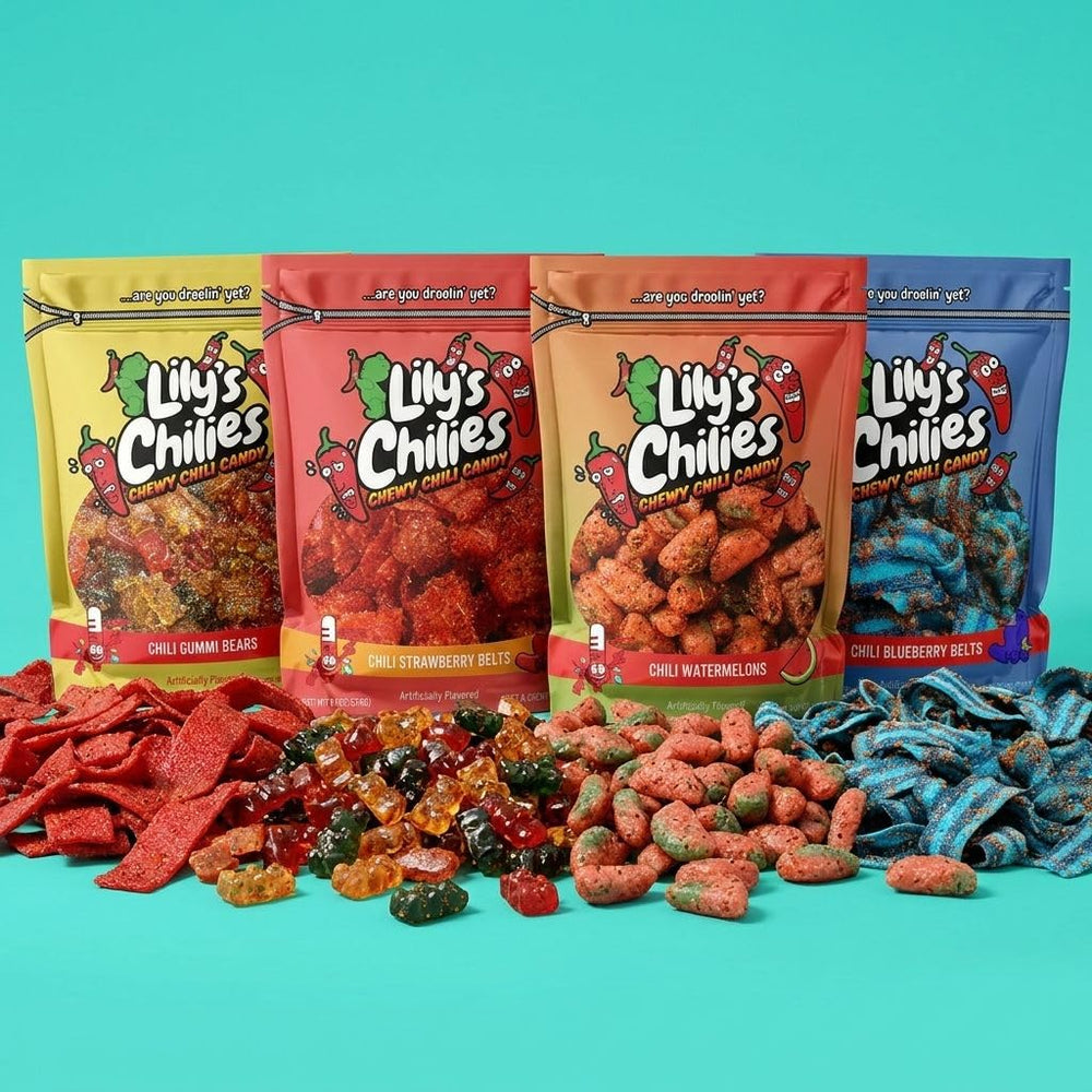 Lilys Chilies on candy board with props showing party display benefit: vibrant centerpiece snack