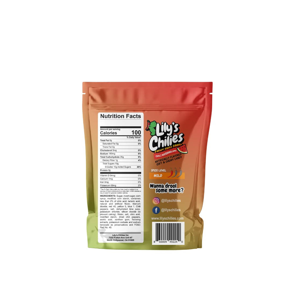 Lilys Chilies resealable bag open with candies inside showing portion control benefit: freshness preserved