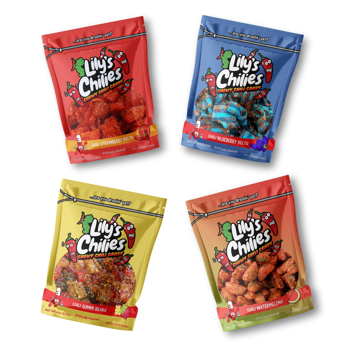 Lilys Chilies variety pack front view showing four resealable bags and colorful packaging benefit: easy sharing