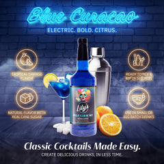 Lily’s Mixers syrup pouring into a glass highlighting quick-mix action and vibrant color