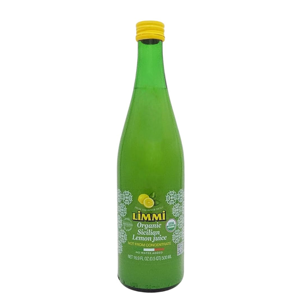 Limmi front bottle showing label and clear organic lemon juice benefit: authentic flavor