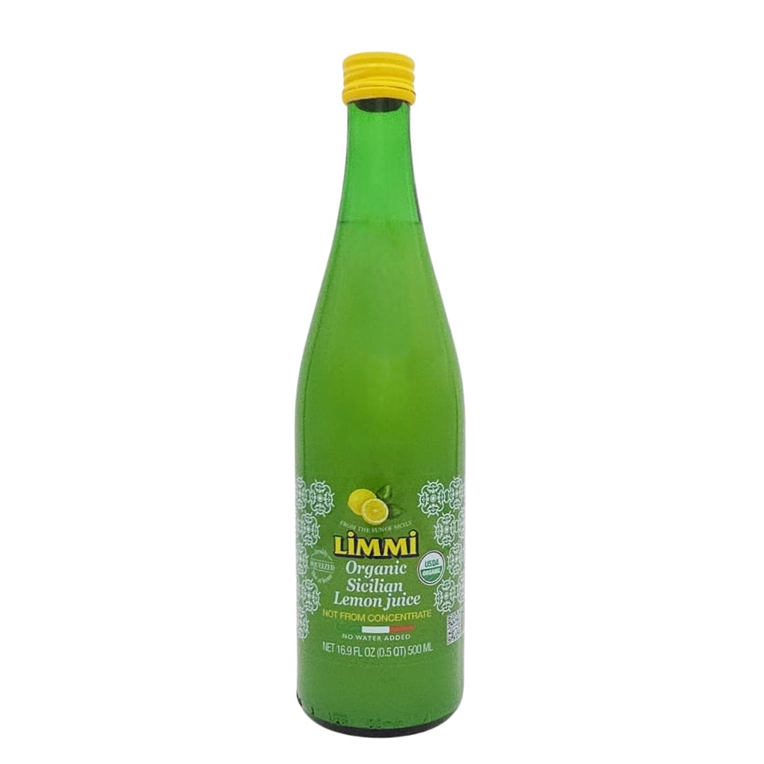 Limmi front bottle showing label and clear organic lemon juice benefit: authentic flavor
