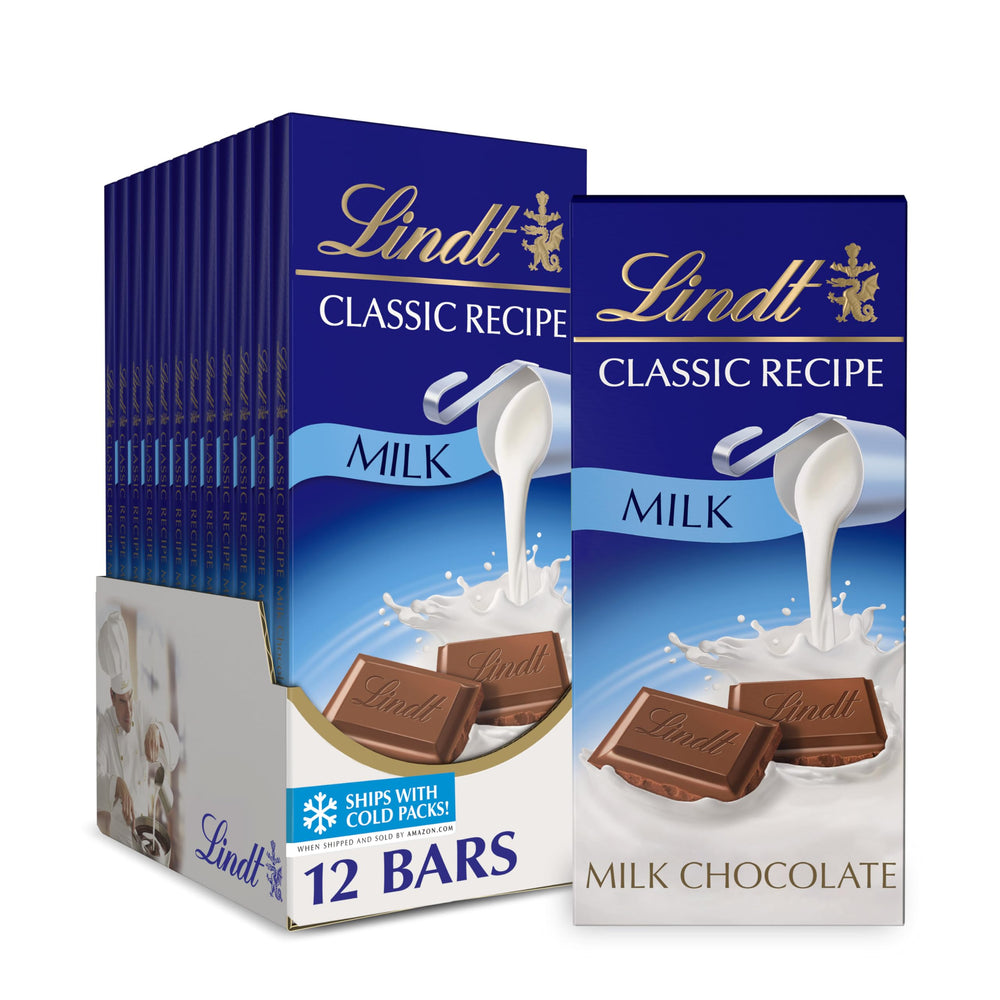 Lindt front packaging showing 12-pack and product benefit of pantry-ready supply