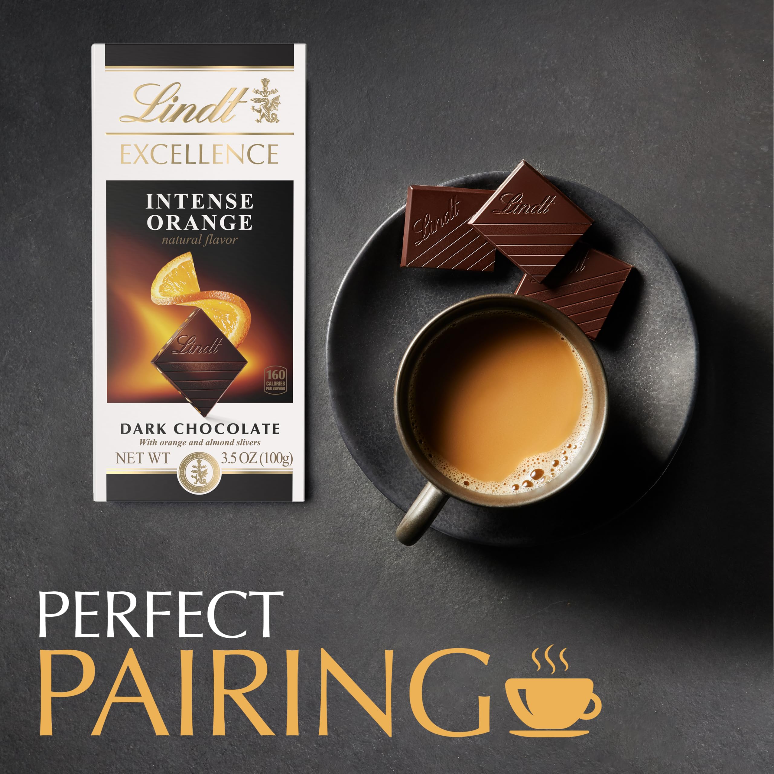 Lindt EXCELLENCE almonds and orange flecks close-up, highlights crunch and flavor