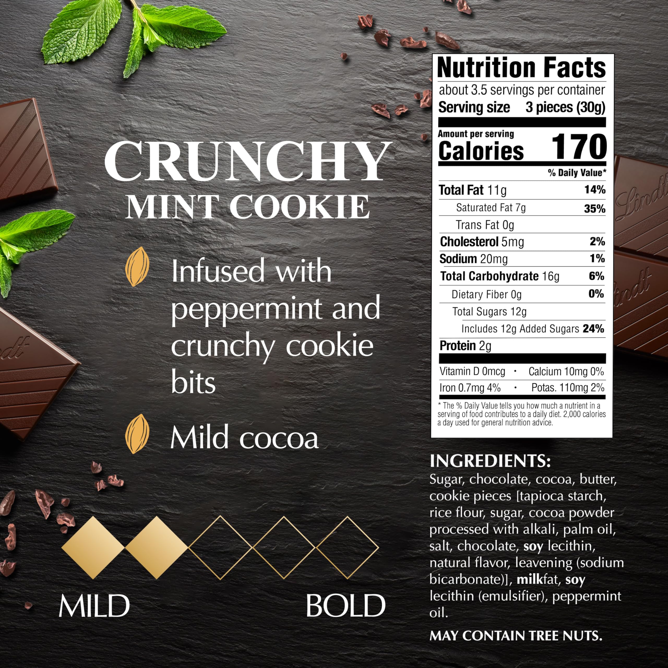 Lindt EXCELLENCE mint cookie bar breaking with crisp chocolate snap