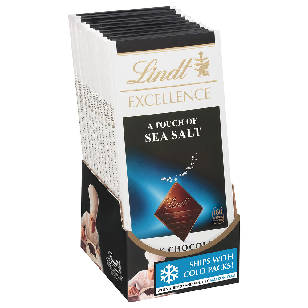 Lindt front packaging showing Sea Salt EXCELLENCE, elegant gift-ready presentation