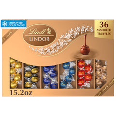 Lindt LINDOR front of box showing elegant packaging and assorted flavors benefit: great for gifting