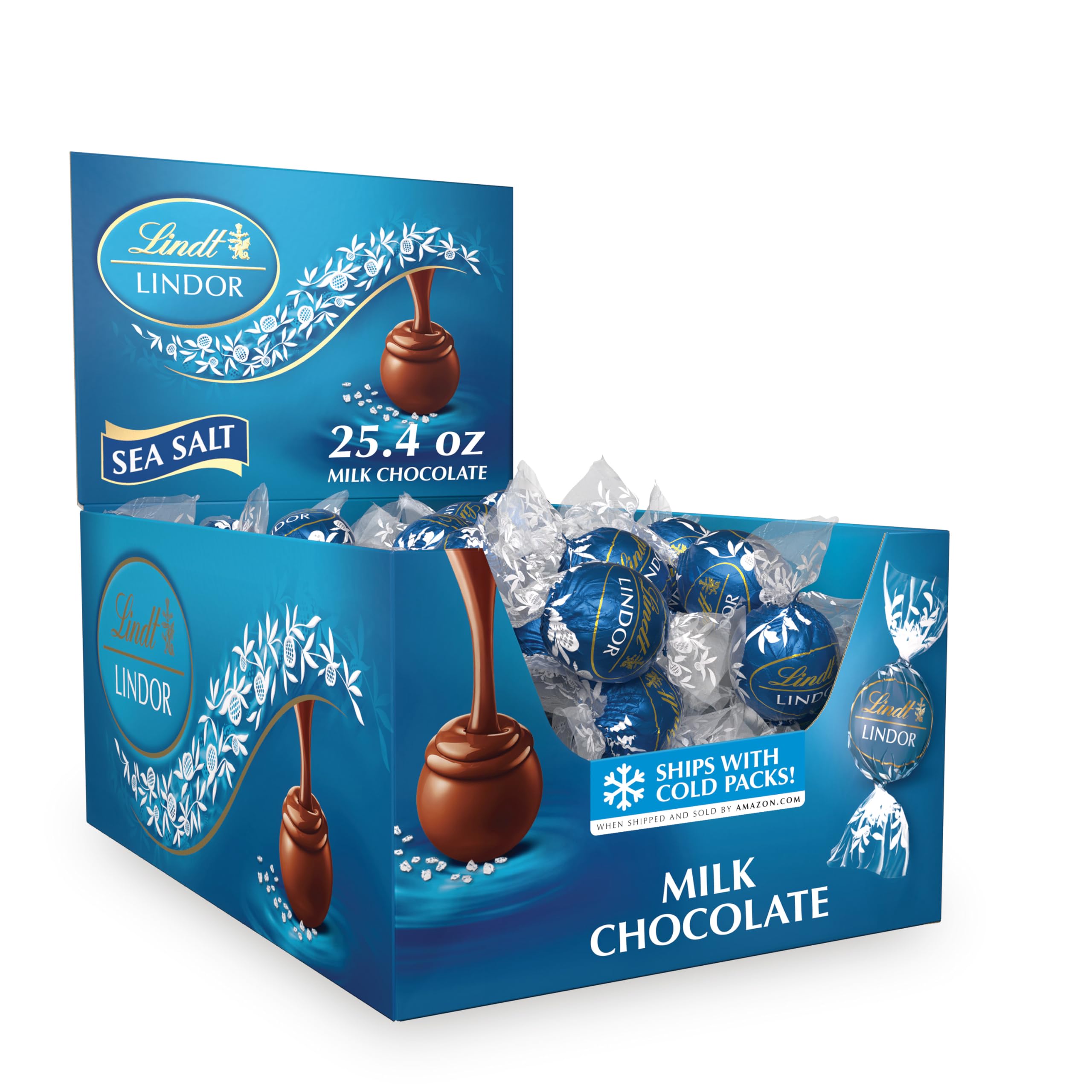 Lindt LINDOR box front view showing 60-count and premium packaging benefit