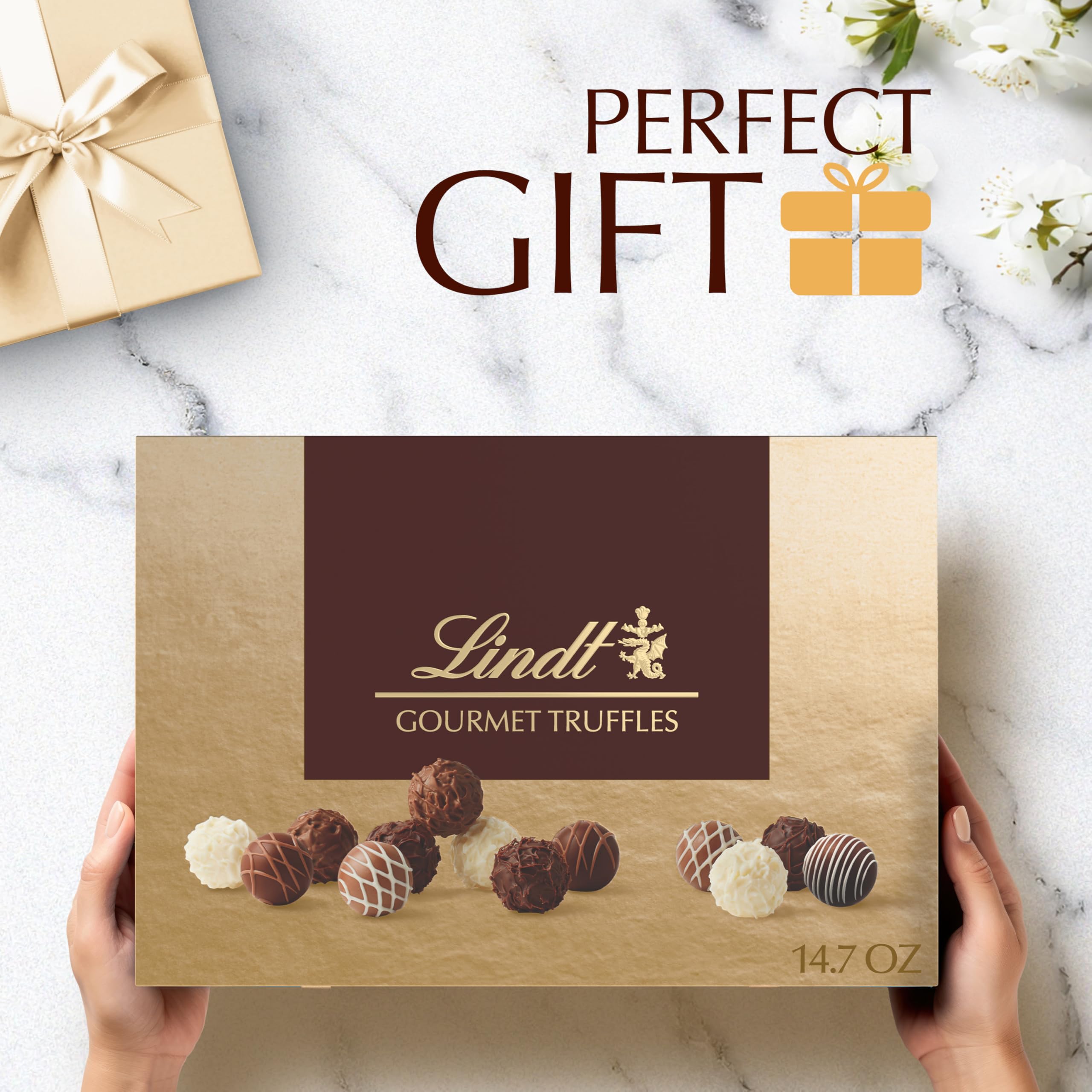 Lindt open box overhead view displaying assorted truffle selection