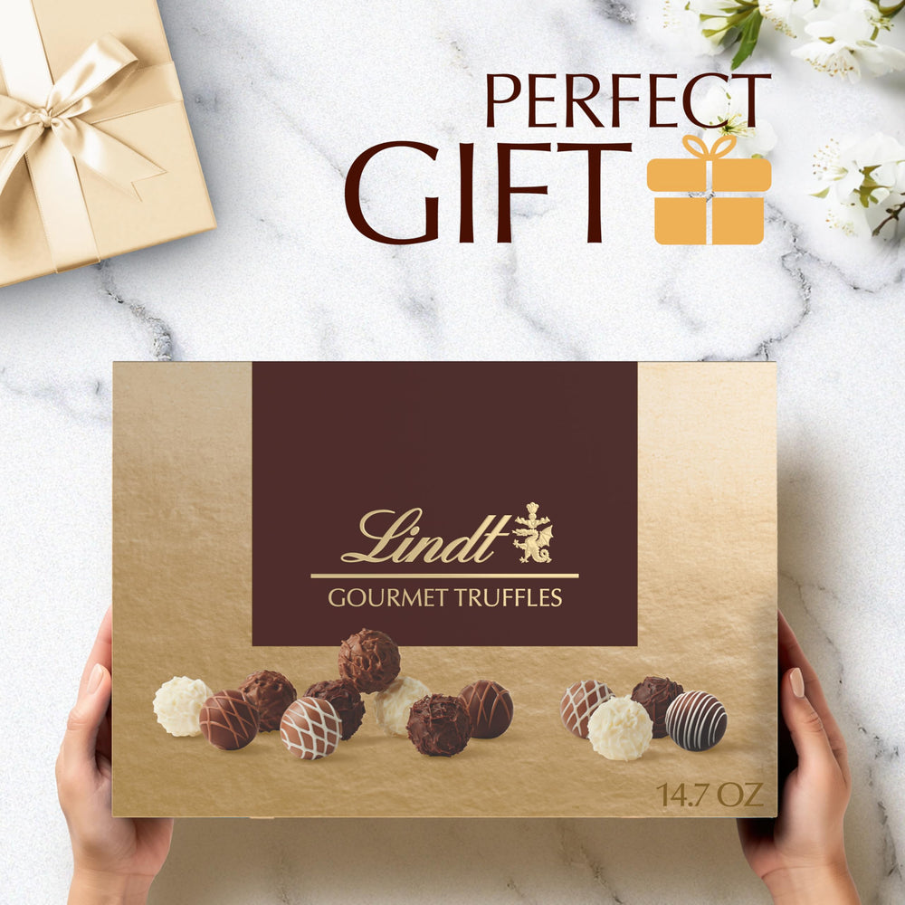 Lindt open box overhead view displaying assorted truffle selection