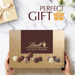 Lindt open box overhead view displaying assorted truffle selection
