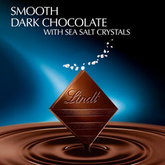Lindt close-up of sea salt crystals on chocolate, highlights enhanced flavor