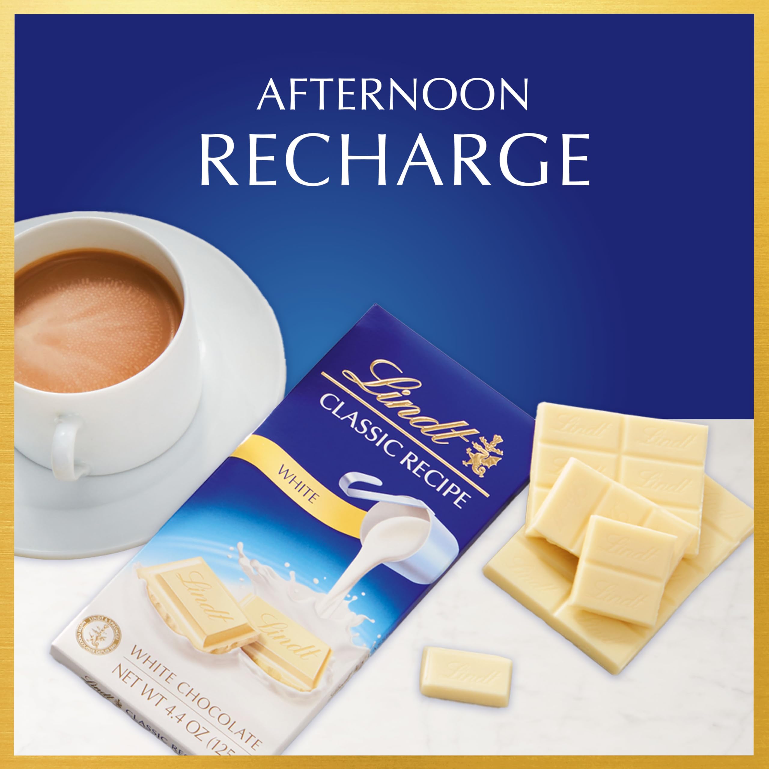 Lindt white chocolate bar unwrapped with glossy surface and clean edges