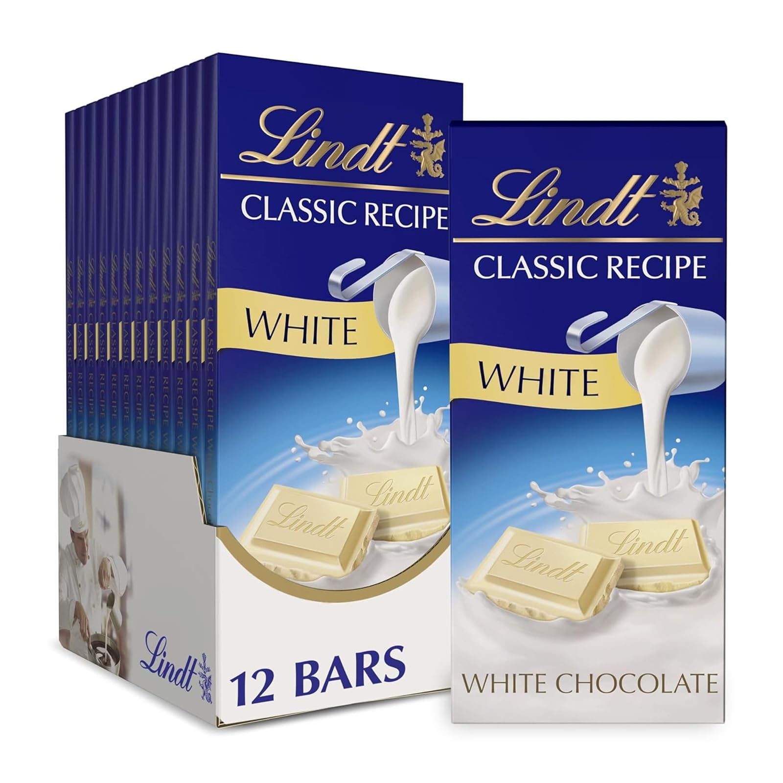 Lindt white chocolate front packaging showing brand and pack count for gifting