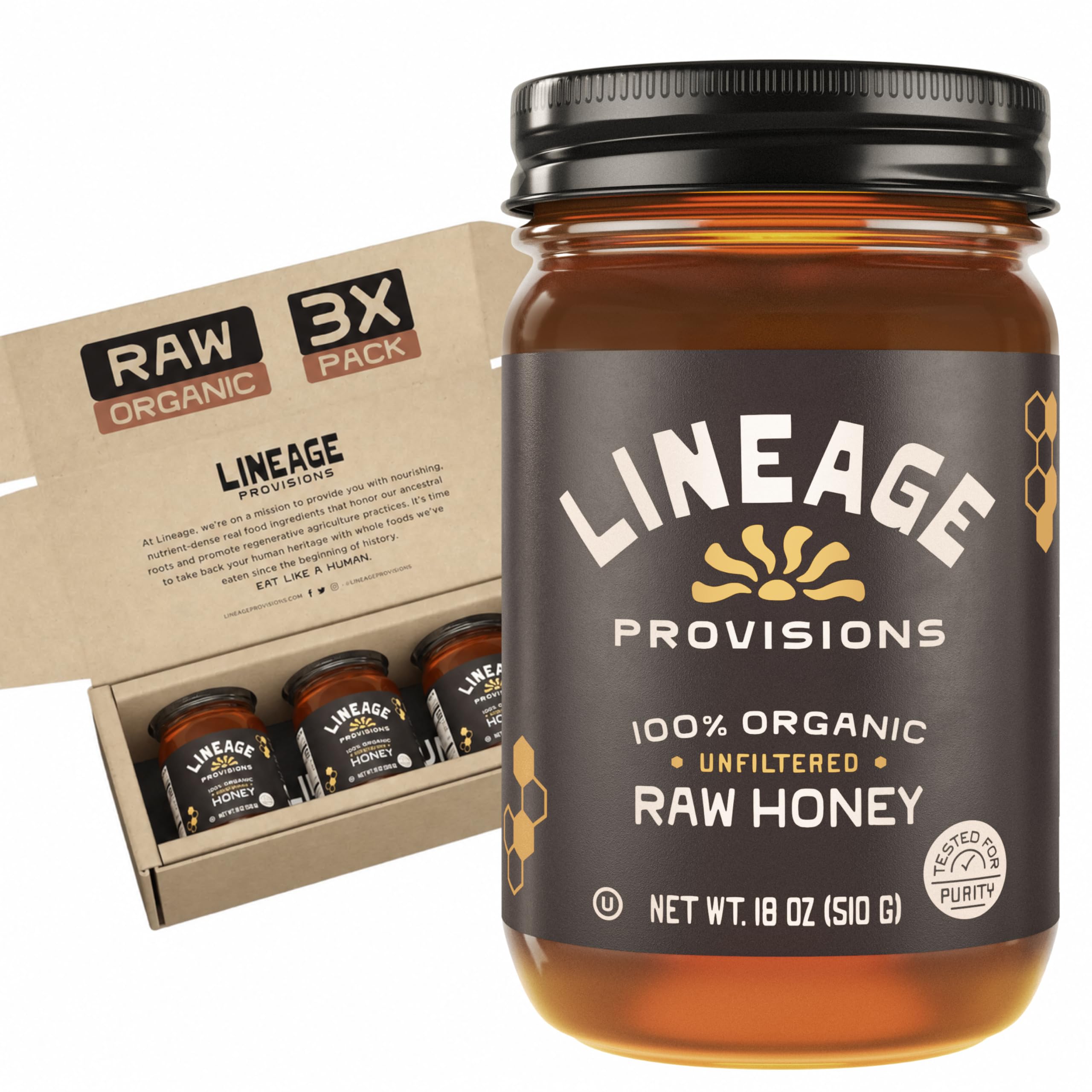 Lineage Provisions front packaging three 18 oz glass jars showing labels and brand benefits