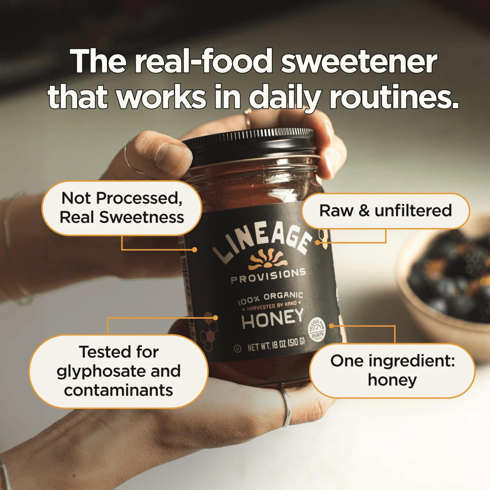 Lineage Provisions spoon drizzling honey over toast demonstrating convenient serving use