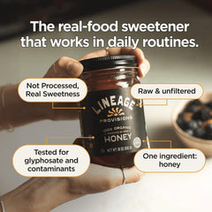 Lineage Provisions spoon drizzling honey over toast demonstrating convenient serving use